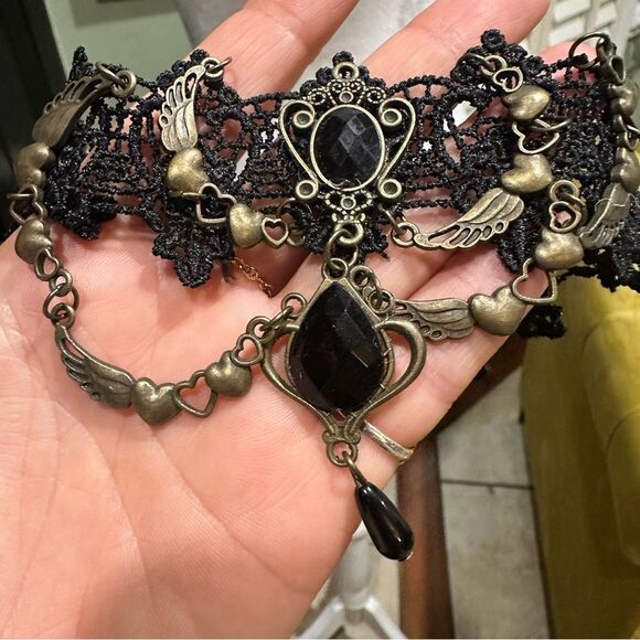 Vintage Gothic Steampunk Choker Lace Heart Wing Teardrop Collar Necklace - Picture 7 of 7
